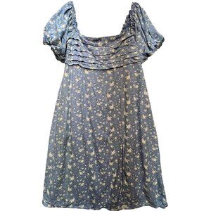 Women's Pleated Milkmaid Cottage Dress Short Sleeve Sz L Blue White Ditsy Floral